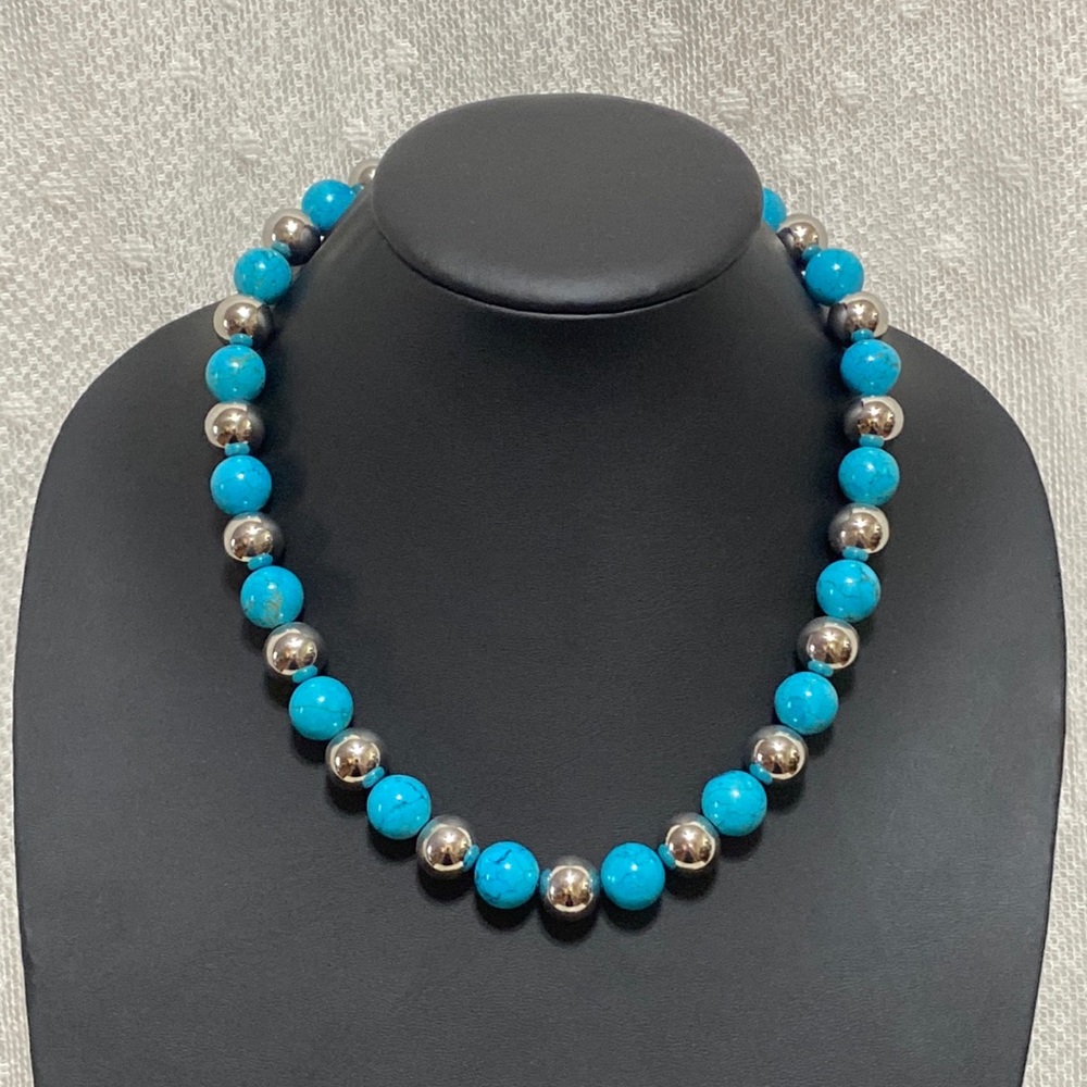 Milor Stainless Steel & Blue Turquoise Ball Bead Necklace